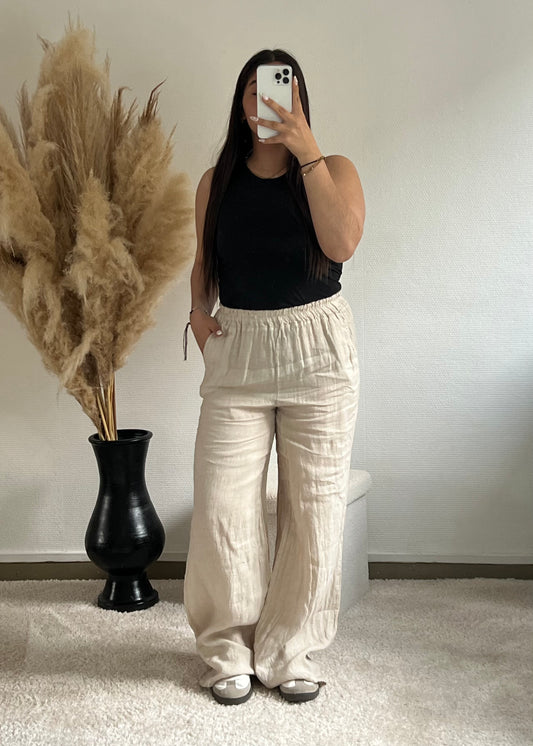 Lia Beige - Pantalon en lin